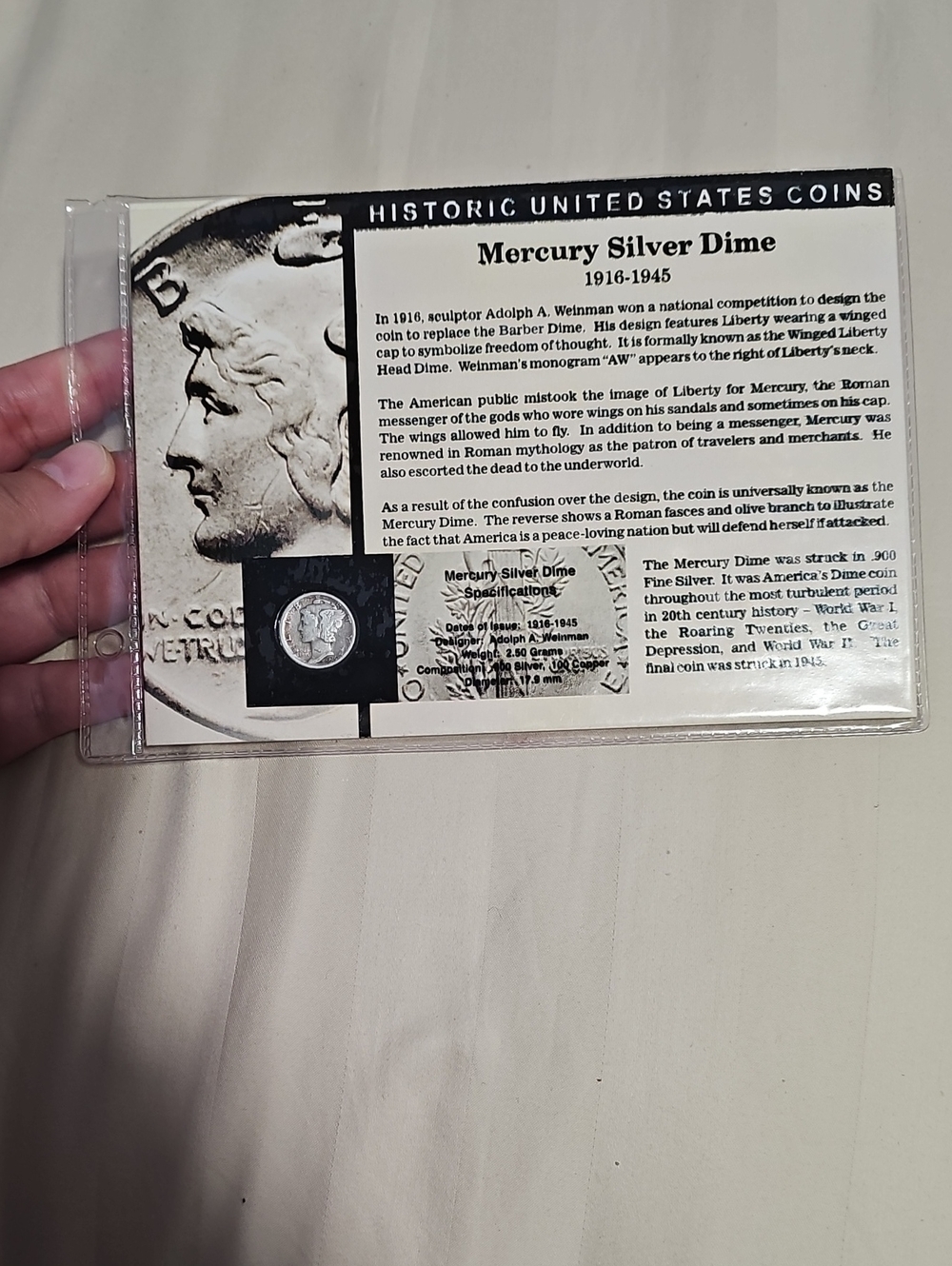 Mercury Silver Dime 1916-1945 Displayed with Informational Card - Pure Silver